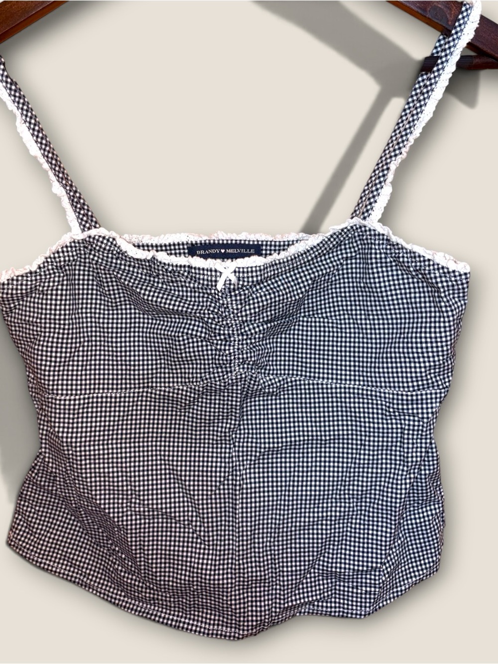 Brandy Melville Coquette Girl Cotton Black Gingham Ruffle Lace-Trim Cami Top